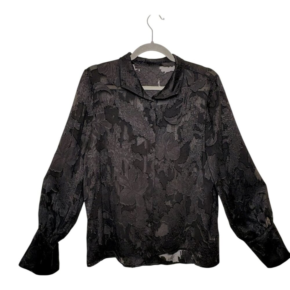 Black Sheer Floral Burnout Blouse Whimsigoth Gothic Button Up Top Large